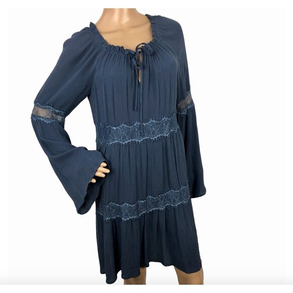 Socialite Boho Peasant‎ Dress Lace Long Flare Sleeves Cottagecore Mini Dress L - Picture 4 of 6